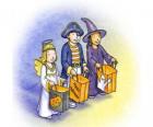 Трое детей одета трюк или лечение - привидение, ведьмы и дьявол с мешками